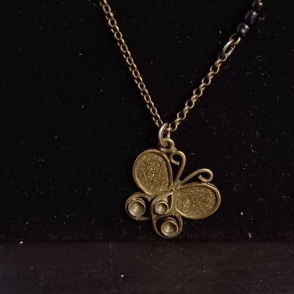 Bronze-Toned Asymmetrical Chain Necklace with Butterfly Pendant, 24" - Picture 2 of 4